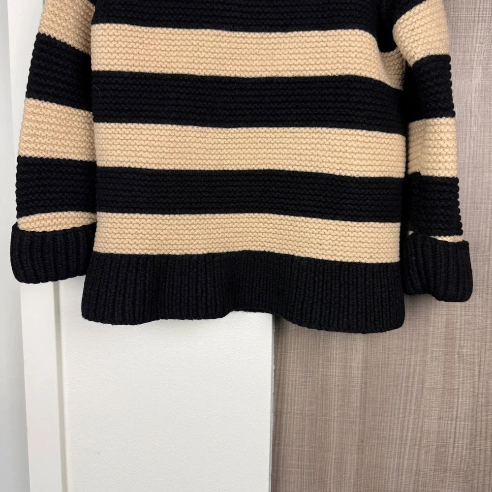 Kate Spade Black Tan Stripe Collared Knit Sweater Chunky 100% Wool Large‎